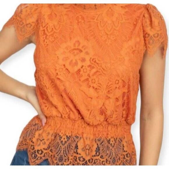 HAUTE MONDE ORANGE/PEACH LACE HIGH NECK TOP SZ.S EUC. - Picture 2 of 8